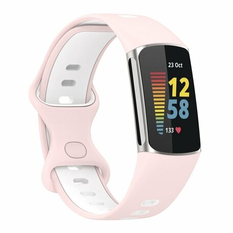 FitBit Charge 5 & 6 Sportband mit Doppelschlaufe - Rosa / weiß - Zweifarbig - Größe: L