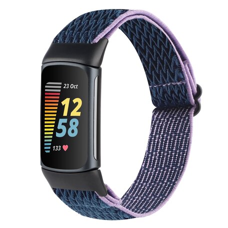 FitBit Charge 5 & 6 Elastisches Solo-Schleifen-Nylonband - Dunkelblau mit Lila