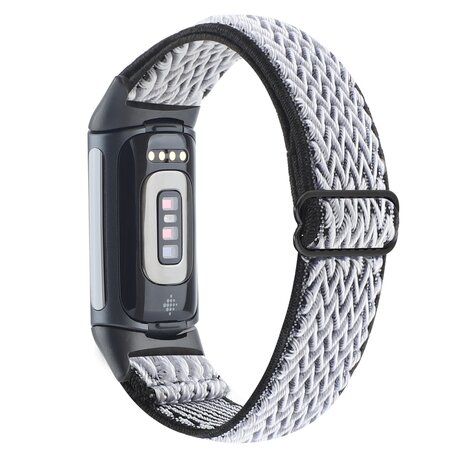 FitBit Charge 5 & 6 Elastisches Solo-Schleifen-Nylonband - Schwarz/Weiß