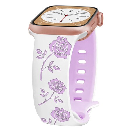 Silikonarmband mit Rosen - Weiß / Lila - Geeignet für Apple Watch 42mm / 44mm / 45mm / 46mm / 49mm