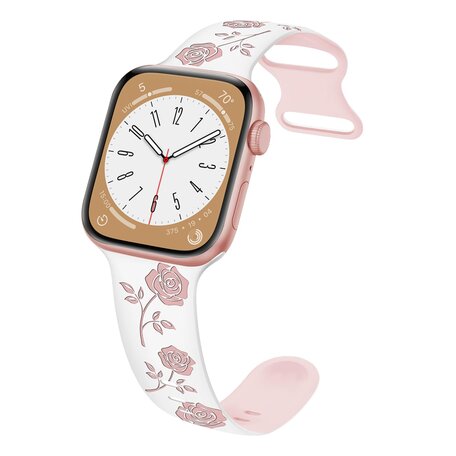 Silikonarmband mit Rosen - Weiß / Rosa - Geeignet für Apple Watch 42mm / 44mm / 45mm / 46mm / 49mm