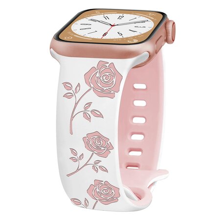 Silikonarmband mit Rosen - Weiß / Rosa - Geeignet für Apple Watch 42mm / 44mm / 45mm / 46mm / 49mm